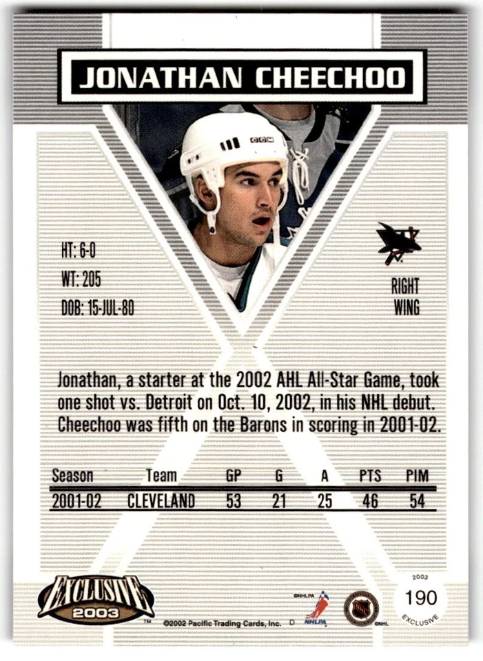 2002-03 Pacific Exclusive Gold Jonathan Cheechoo Rookie #190 San Jose Sharks - Image 2 of 2