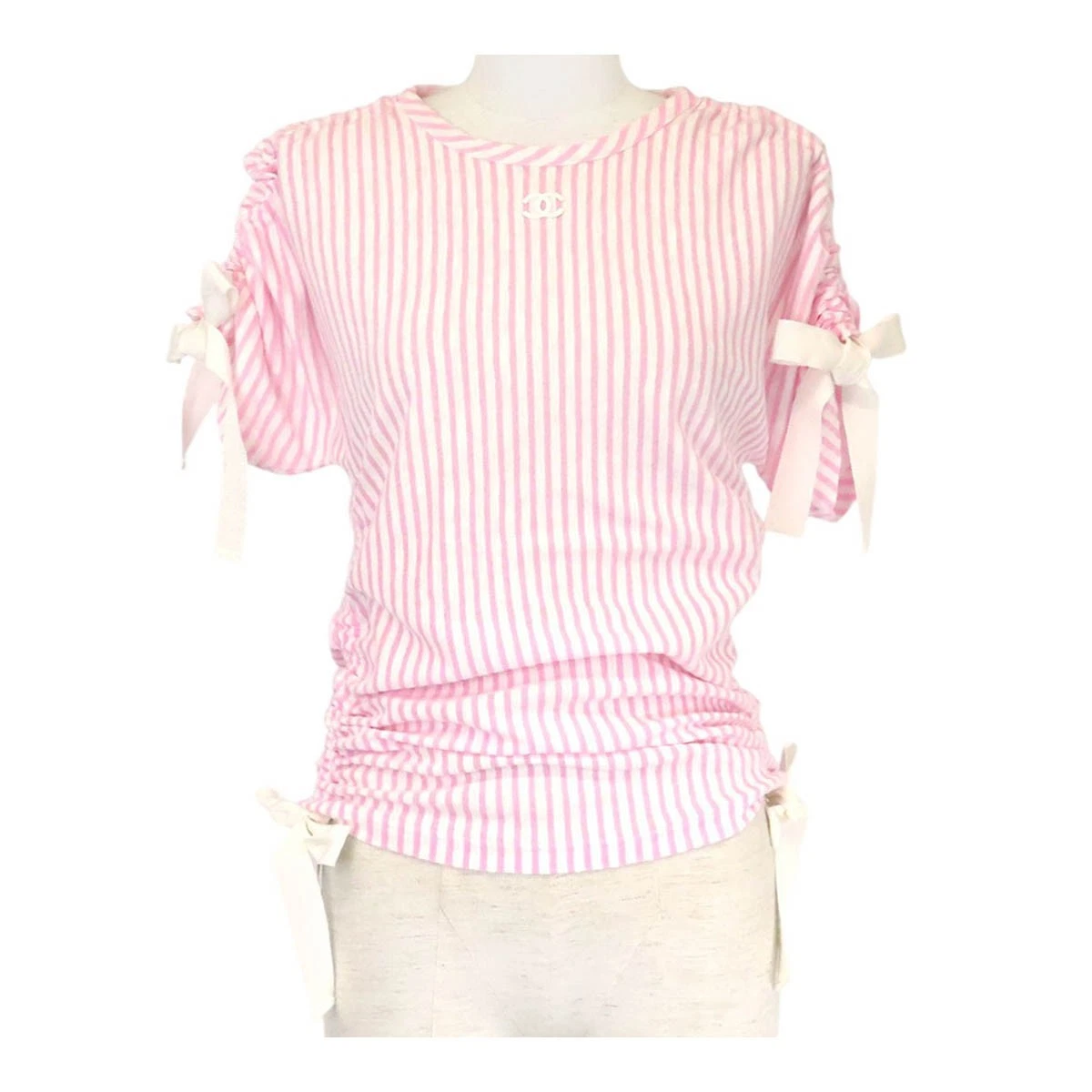 Chanel — CHANEL COCO Mark Striped Short-Sleeve Cut and Sewn Top Women pink 【A】