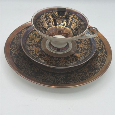 Vtg Jaeger Bavaria Black Gold 3-Pc Tea Set Floral Baroque Filigree Luster Rim