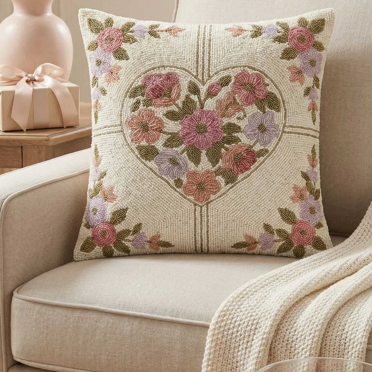 Beaded Floral Heart Throw Pillow Cover Elegant Decorative Cushion 16x16 18x18