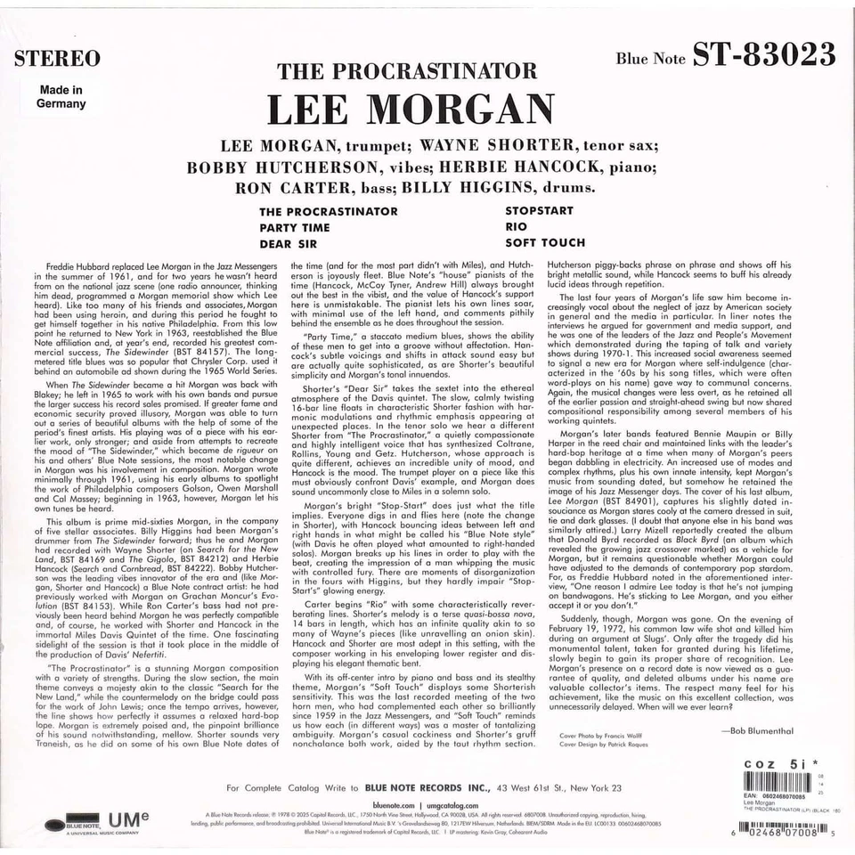 Lee Morgan / THE PROCRASTINATOR (LP) (BLACK, 180G, SINGLE SLEEVE, STEREO) / Blu - Bild 2 von 2