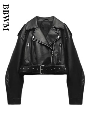 TRAF Women Oversized Vintage Loose Pu Faux Leather Short Jacket with Belt