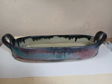 Art Pottery Handle Oval Blue & Purlpe Drip Glaze Hand Crafted Deep Dish 18in