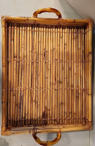 Bamboo Serving Tray Pencil Rattan Tiki W/ Handles MCM Vintage 21”x 16”x2” - Picture 2 of 7