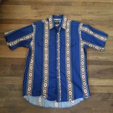 Wrangler Pearl Snap Vintage Large Blue 90s Aztec South Western Print Rodeo