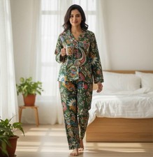 Women  s Pure Cotton Hand Block Print Floral Indian Sleepwear Pajama Lounge Set