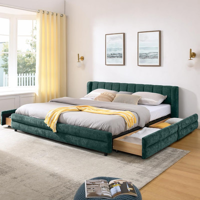 King Size Chenille Bed Frame with Storage Drawers & Headboard