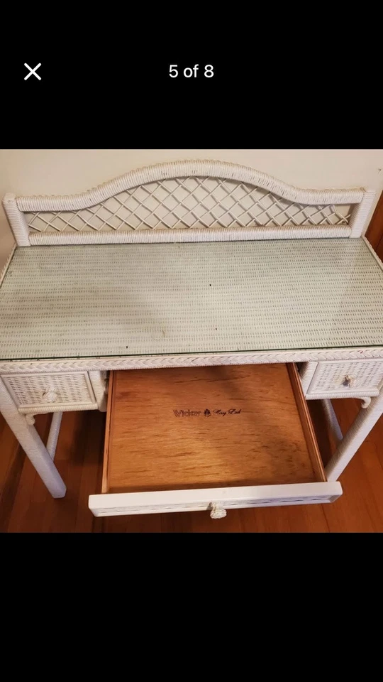 ESCRITORIO/TOCADOR DE MIMBRE HENRY LINK BLANCO de colección TAPA DE VIDRIO AJUSTADA PERSONALIZADA Foto 3 de 4