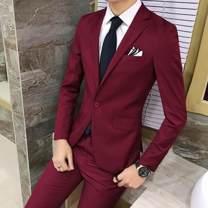 Fashion Men Dress Suit One Button Slim Fit Youth Wedding Blazer Coat Pants 2Pcs