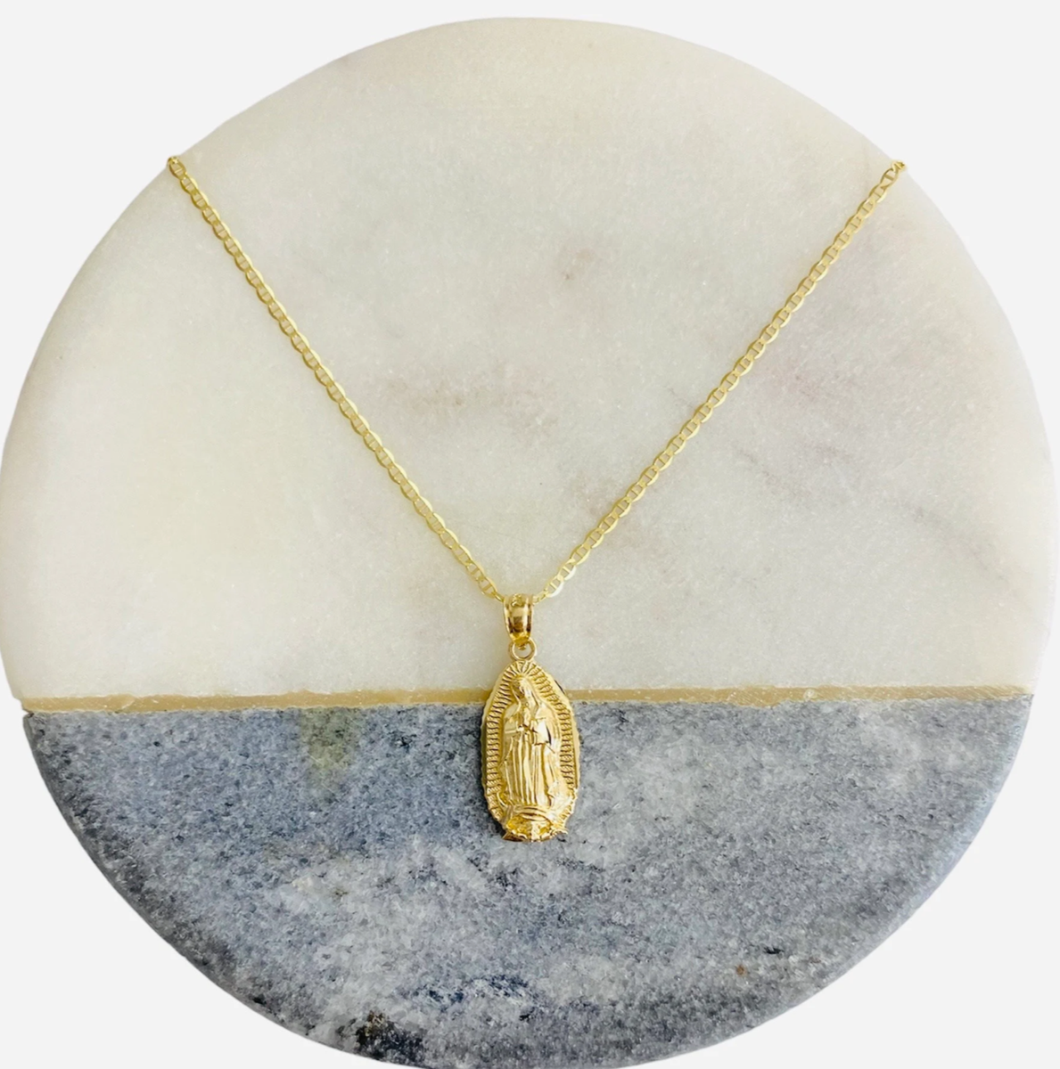 14K Solid Yellow Gold Virgin Guadalupe Mary Pendant Necklace- 20