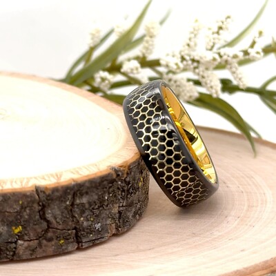 8mm Gold & Black Tungsten Band Gold Honeycomb Pattern Inlay Unisex Ring