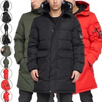 Mens Crosshatch Parka Padded Hooded Long Fleece Lined Jacket Heavy Warm Coat
