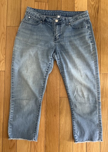 Jeans donna Jennifer Lopez sfilacciato Capri blu ritagliato taglia 6