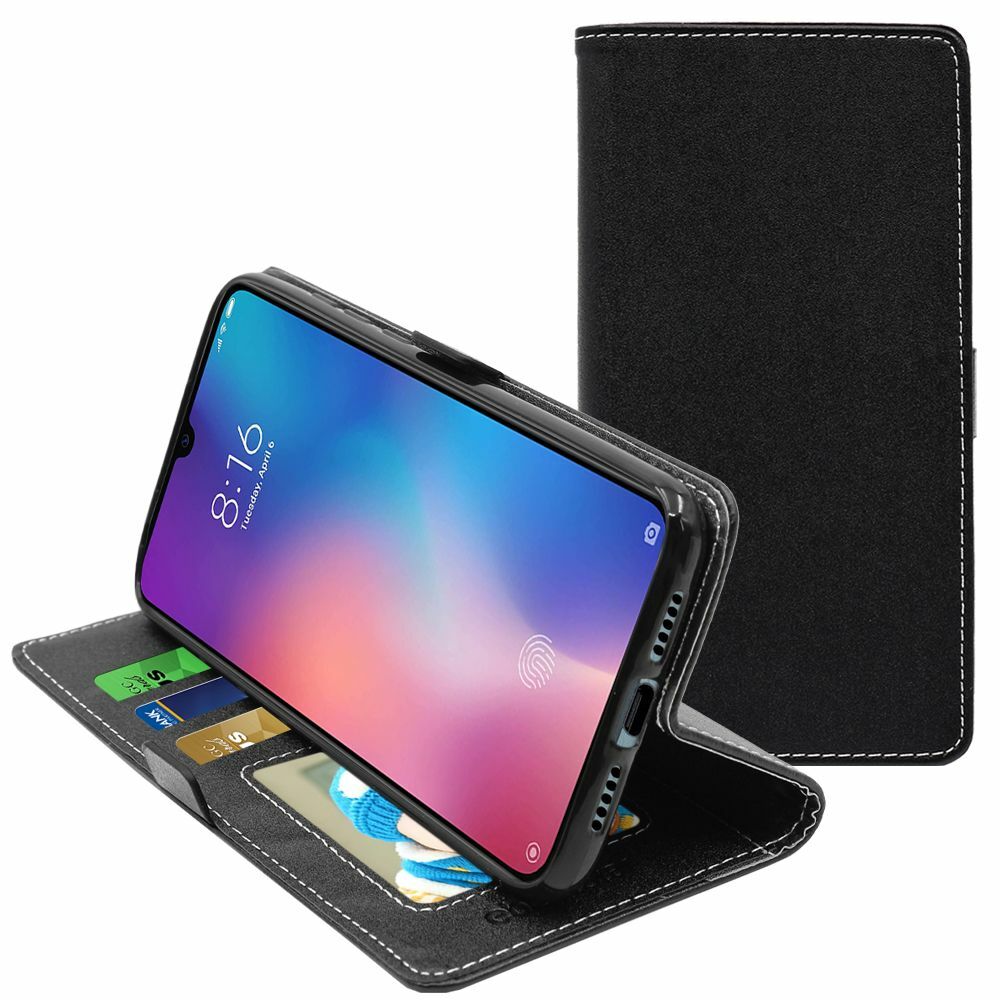 Coque Xiaomi Mi 9 housse à rabat cuir noir au design fin et élégant
