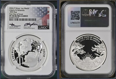 2024 P SILVER 1oz MEDAL LIBERTY & BRITANNIA NGC PF70 FDI MERCANTI