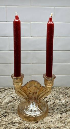 Vintage Marigold Carnival Glass Iris Herringbone Beautiful Double Candle Holder - Picture 7 of 9