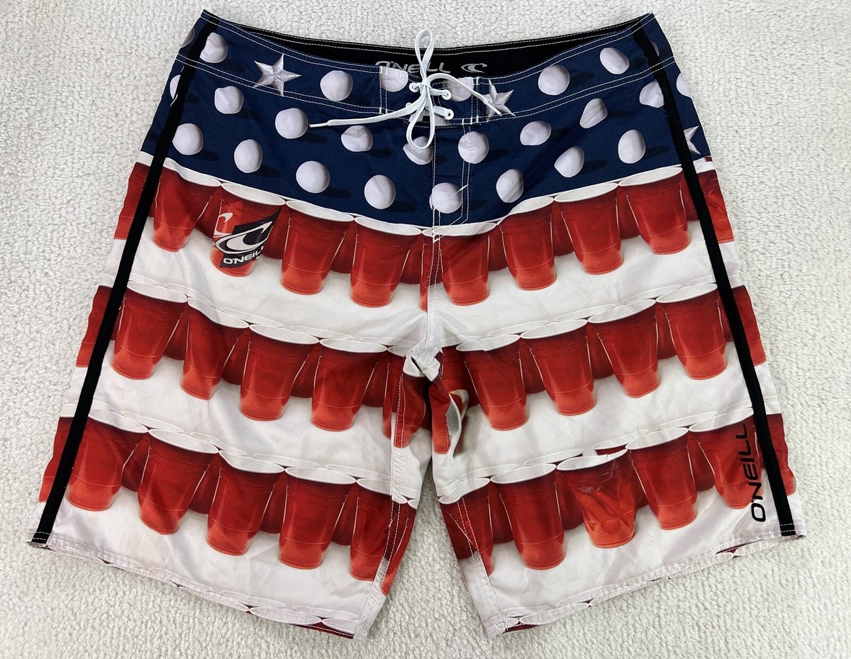 O'Neill Beer Pong USA Flag Board Shorts Swim Trunks Mens 42 Red