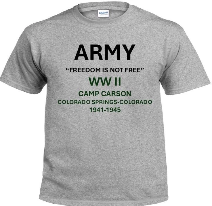CAMP CARSON* COLORADO SPRINGS-CO*1941-1945*WW II*PT SHIRT. OFFICIALLY LICENSED
