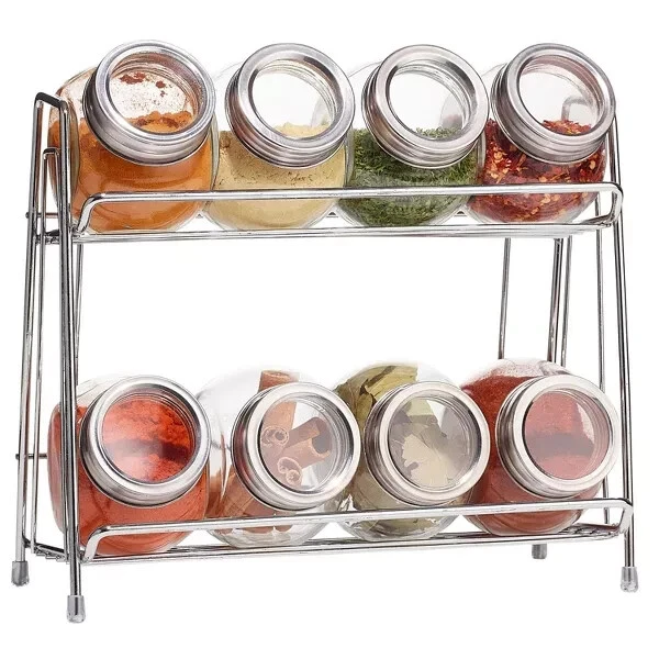 9-Piece Glass Spice Jar Set with 2-Tier Chrome Rack, 8 Glass Jars with Rack