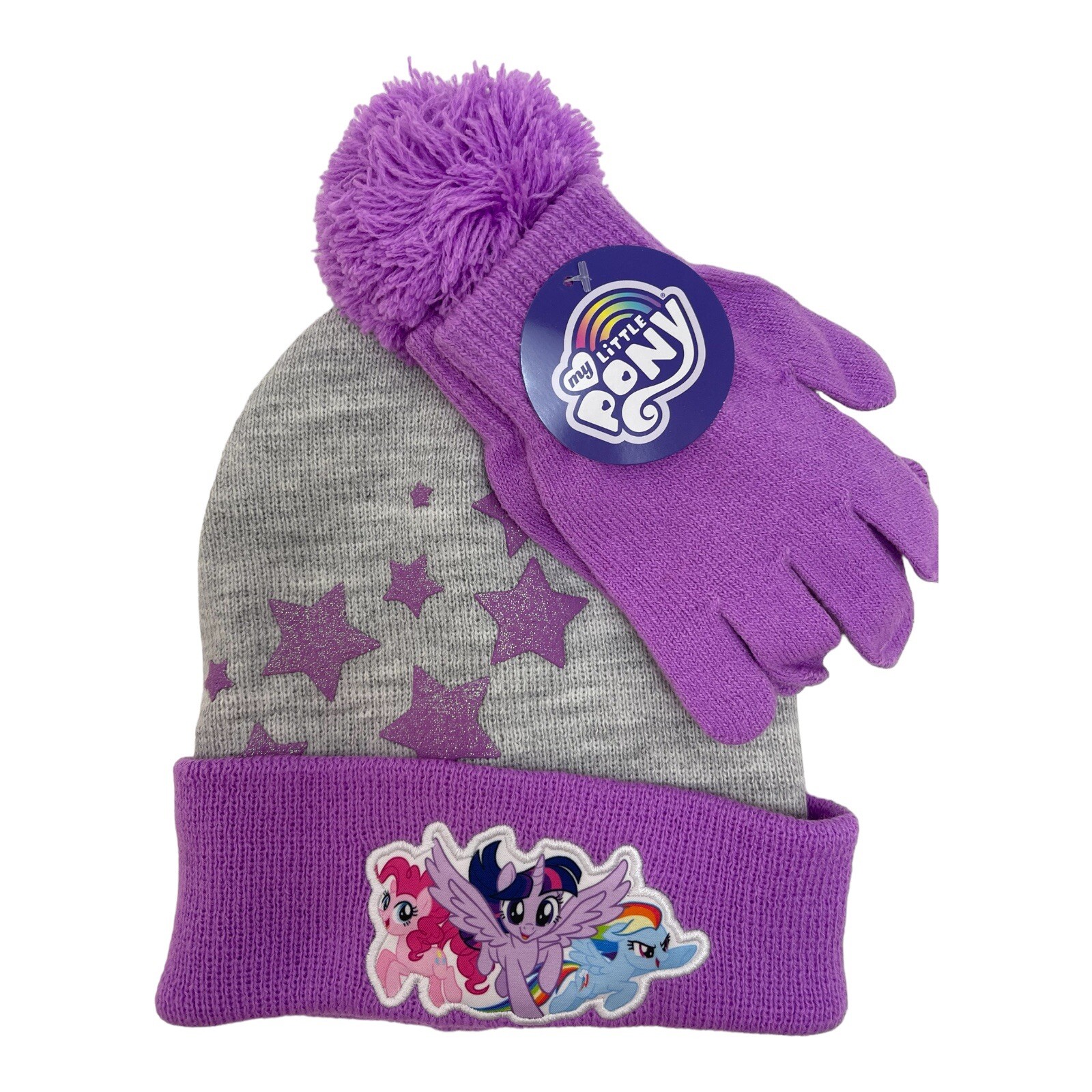 My Little Pony Guanti e Calza Cappello Bambina Pom Viola Grigio Glitter Stelle