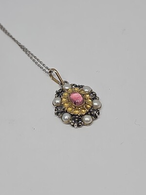 TRÖDEL DESIGNER 18K GOLD STERLINGSILBER HALSKETTE PERLE & ROSA TURMALIN