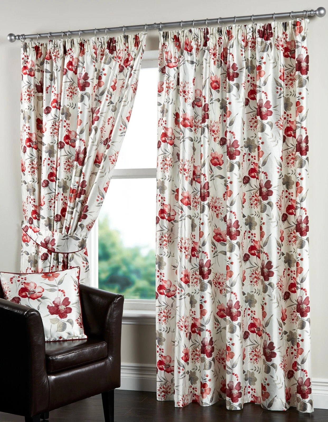Charlotte Red Cream Floral Faux Silk Curtains Cushion Covers Tie Backs 8 Sizes