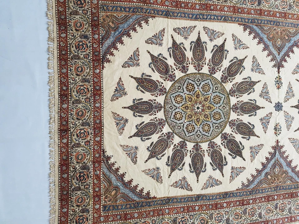 Vintage Hand Block Printed Isfahan Ghalamkar Paisley Tablecloth 256x154cm - Image 3 of 4