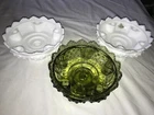 3 Vintage FENTON Milk/Green GLASS Centerpiece HOBNAIL 6 Candle Holder 6½" BOWL