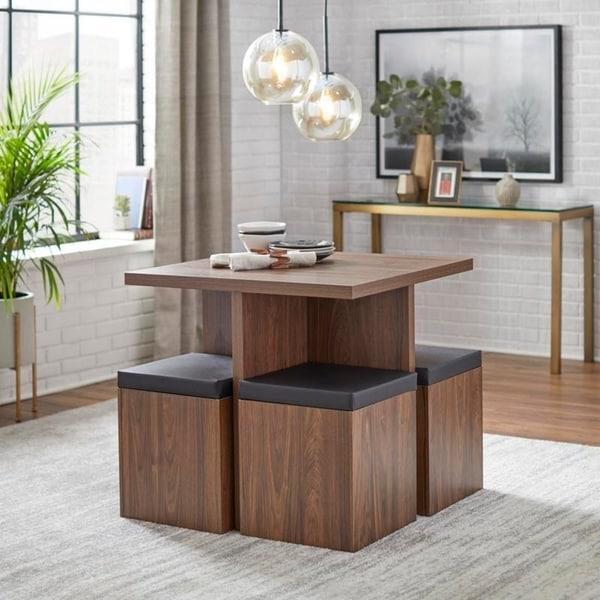 Dining Set Table With 4 Storage Ottomans 5 Piece Dining Set Brown Walnut Finish