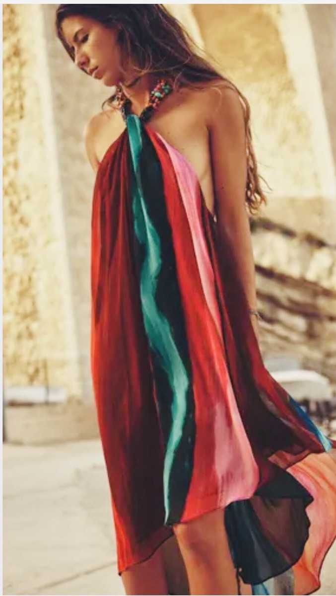 ZARA WOMAN NWT MULTICOLORED BEADED HALTER DRESS Beach Summer