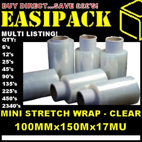 MINI Stretch Wrap Hand Pallet Cling Film - 100mm x 150m x 17Mu (CLEAR)