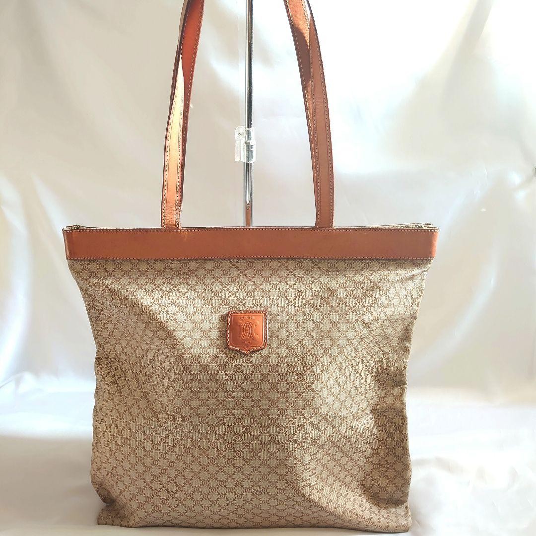 CELINE Macadam Pattern Tote Bag Beige Leather Vintage Authentic