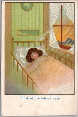Vintage Religious Greetings Postcard Girl in Bed ''If I Should Die Before I Wake''
