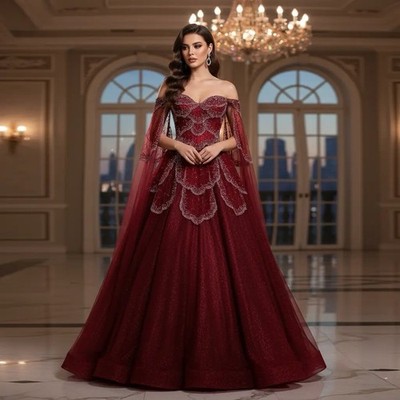 Red Tulle Off Shoulder Ballgown Prom Dress Beaded Glitter Lace Up Long Gown  | eBay
