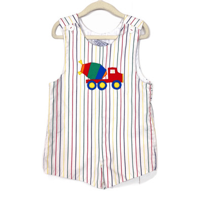 Vintage Samara Romper Baby Boy 4T Cream Red Striped Truck Embroidery One Piece