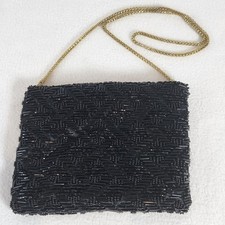 VTG La Regale Handmade Fully Beaded Black Clutch Evening Bag Purse Gold Chain