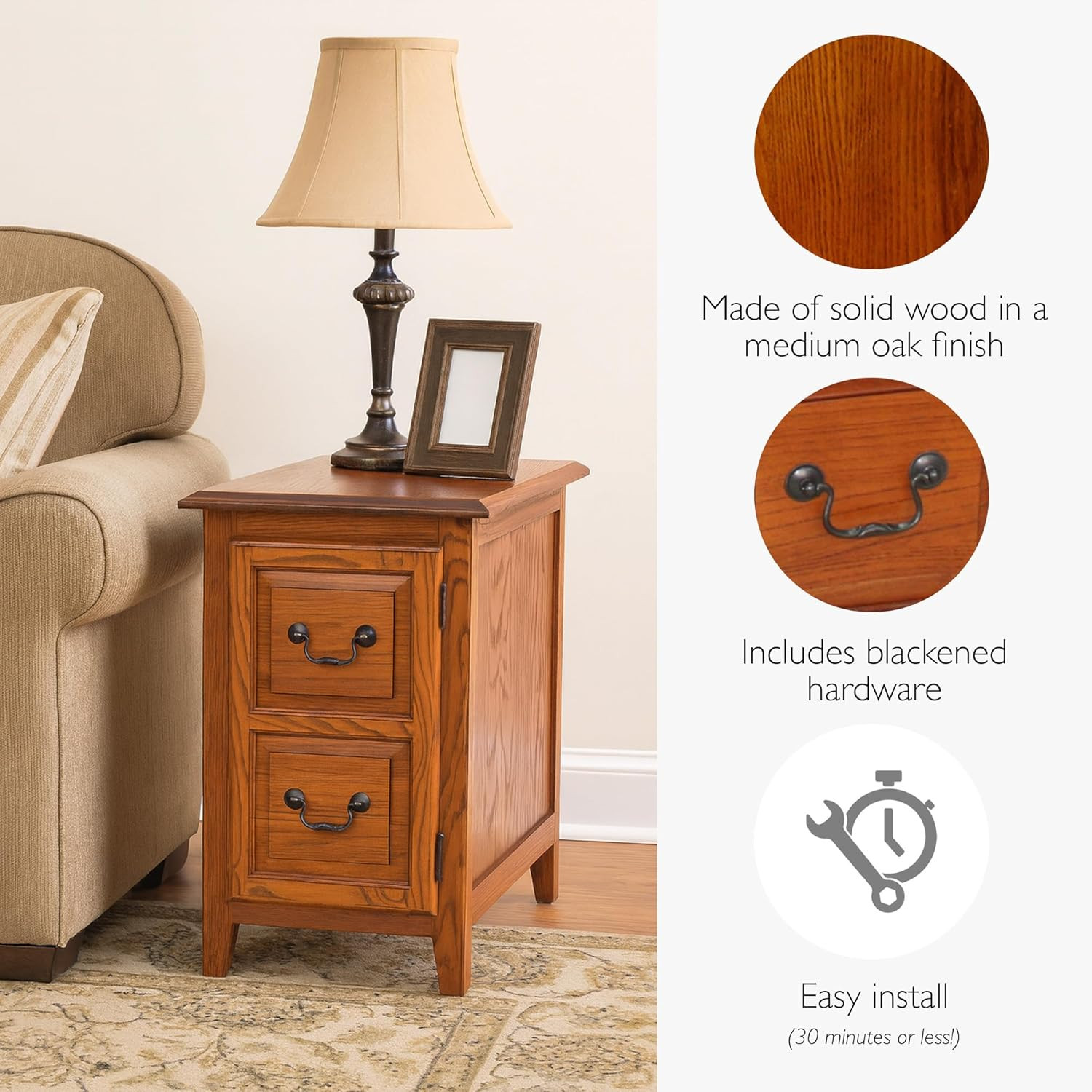 Solid Wood Shaker End Table with Storage Door - Medium Oak Finish