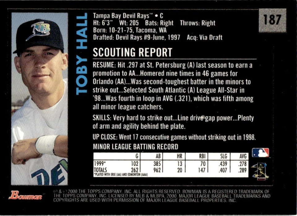 2000 Bowman Retro/Future Toby Hall Tampa Bay Devil Rays #187 - Image 2 of 2