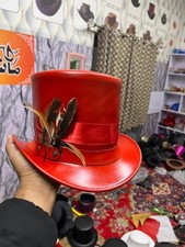 Steampunk Top Hat: Red Leather Victorian Crown Accent costume cosplay Hat