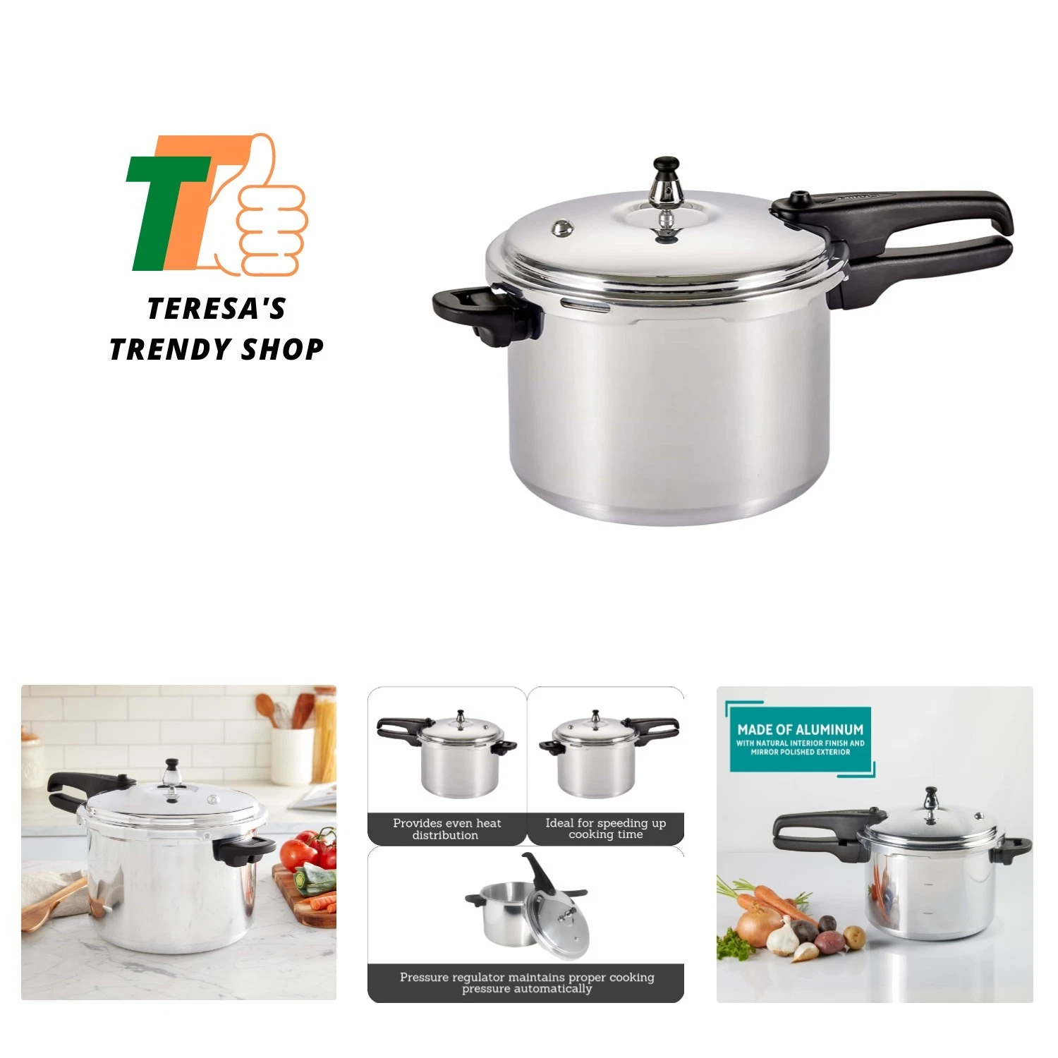 92180A Polished Aluminum 10-PSI Pressure Cooker Cookware, 8-Quart, Silver -