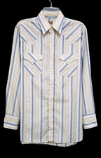 Mens ELY Cattleman Medium 15 1/2 33 Cowboy Western PEARL SNAP Shirt Beige Blue