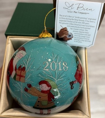 Pier 1 Li Bien 2018 Santa Christmas Ornament Hand Painted Glass Blue Globe