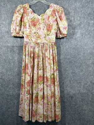 Vintage 80s Laura Ashley Dress UK 10 US 6 Pink Floral Puff Sleeve Bow Prairie