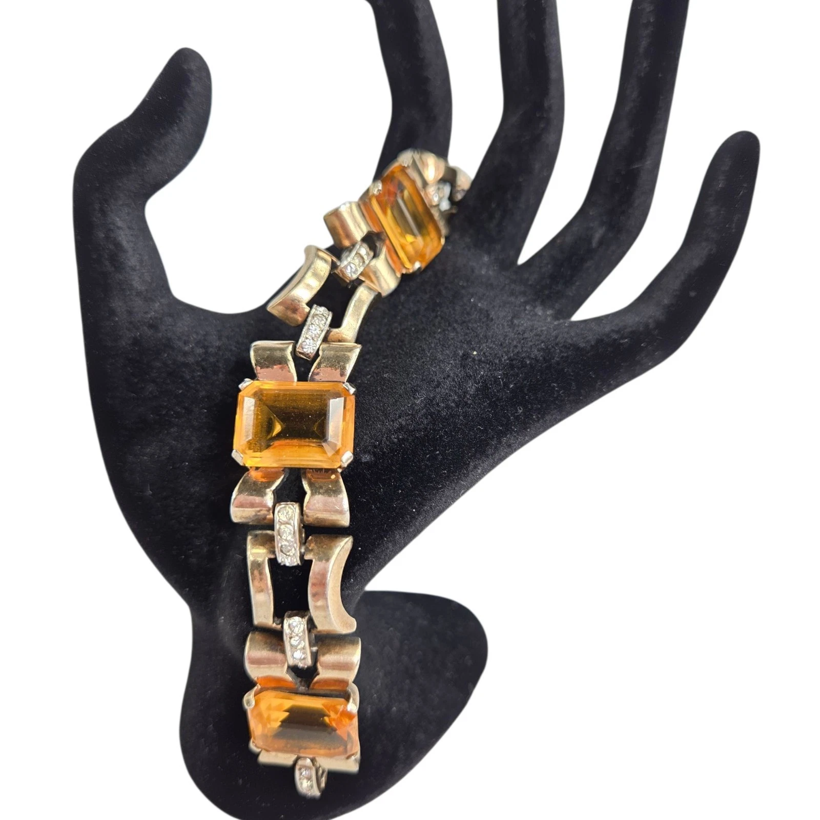 VALENTINO Bracciale vintage anni 40 oro vermeil argento sterling 925 strass citrino deco 7"