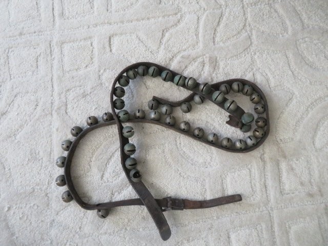 FABULOUS Old Antique Brass Horse SLEIGH BELLS on Leather Strap 49 Bells 2 Pieces