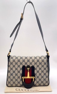 Auth Gucci GG Supreme Sherry Line Horsebit PVC Navy Shoulder Bag W/Bag NS070233