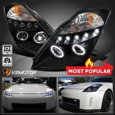 Black Fits 2003-2005 350Z LED Halo Projector Headlights Lamp Left+Right 03 04 05
