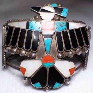 HUGE OLD Southwestern Sterling Silver Cuff Bracelet INLAID THUNDERBIRD 2 3/8”