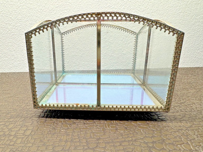 Glass and Metal Vanity Display Box, Turns with 4 Separate Compartments