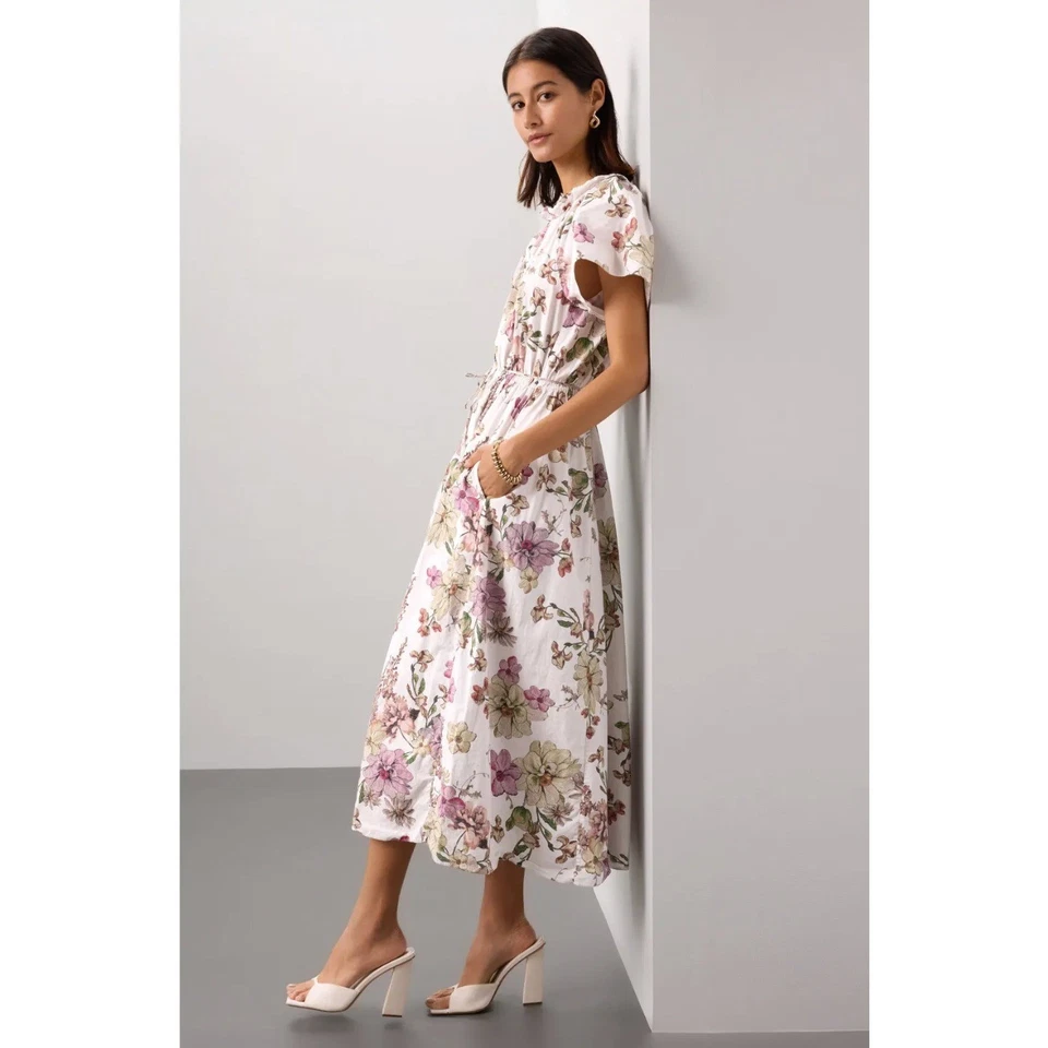 Vestido Adam Lippes Floral Fruncido Marfil Rosa Midi Manga Corta Bolsillos Talla 8 Foto 2 de 4